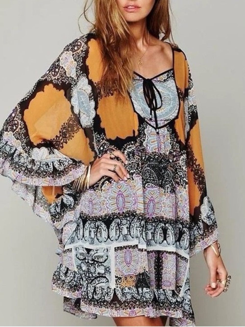 Free People Marla Dreams Orange Butterfly Cape Dress